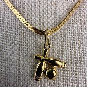 Monet Womens Vintage Gold Tone Bowling Charm Necklace Snake Chain Elegant Jewelr